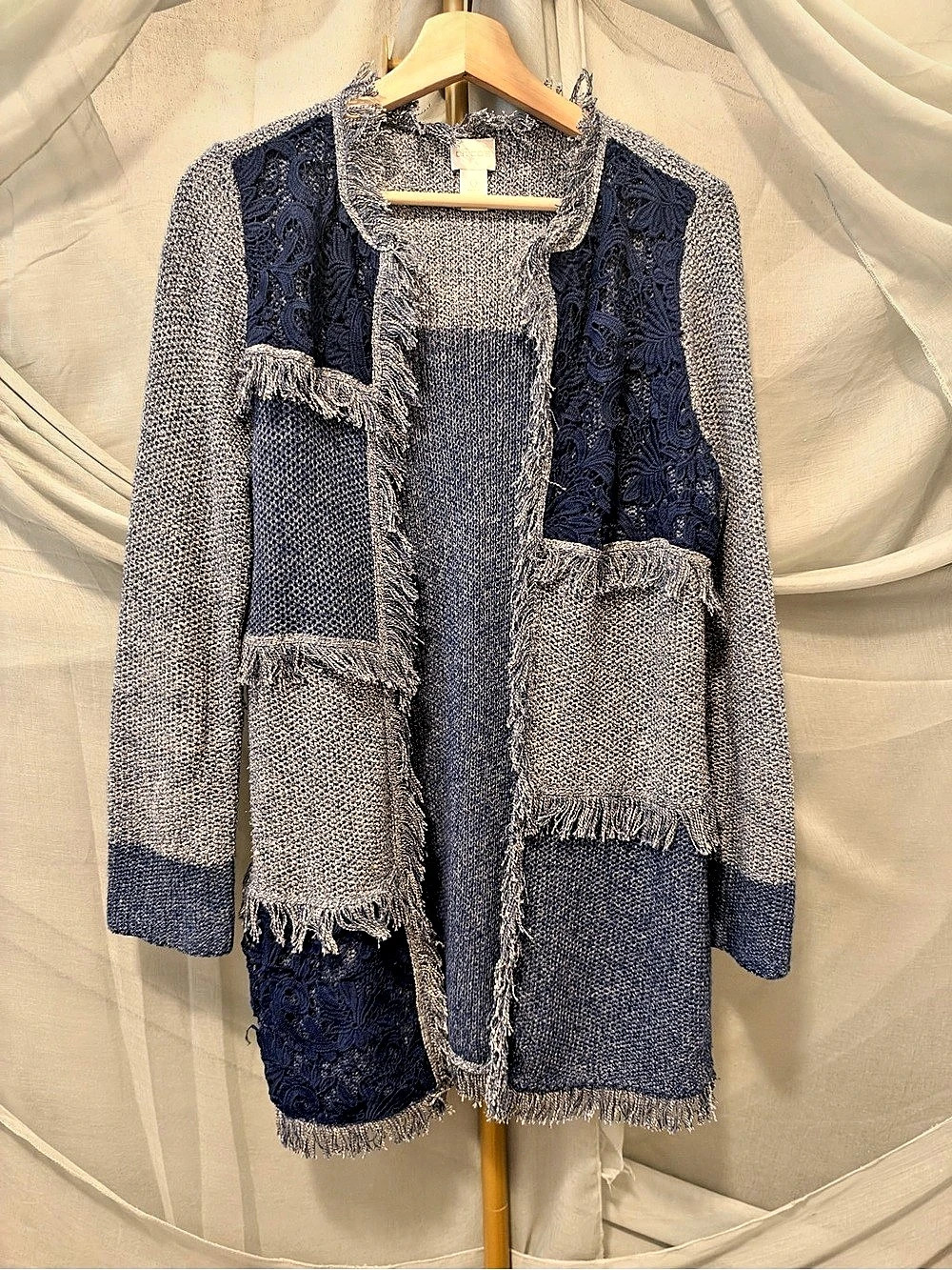 Chico's Fringe Edge Lace Patchwork Open Cardigan in Shades of Blue - Picture 2 of 5